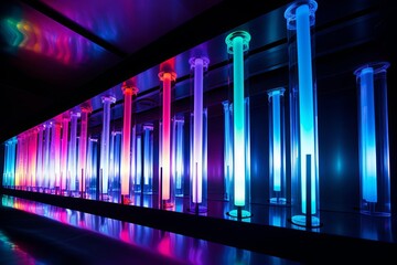 Pharmaceutical lab, bright neon test tubes, innovative drug development, wide angle