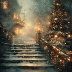 A flight of stairs leading up to a snowy street with a decorated Christmas tree at the top