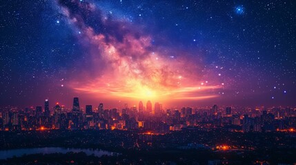 breathtaking view of a city skyline at night with a vibrant starry sky above