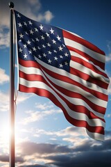 A billowing American flag against a blue sky and white clouds - obrazy, fototapety, plakaty