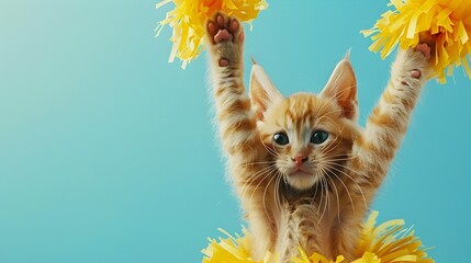 Exuberant Orange Cat in Cheerleader Uniform Cheering on a Vivid Blue Sky Background