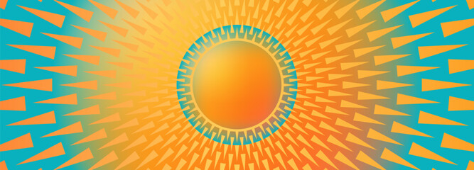 Bright abstract vector geometric background with orange volumetric ball and rays. Abstract design for decor, wallpaper, covers, posters or banners. Sun, light, sunrise, dawn, sun rays.