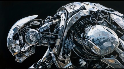 Obraz premium Produce a detailed oil painting of a sleek, silver industrial robot in a side view, capturing its intricate mechanical parts and futuristic design