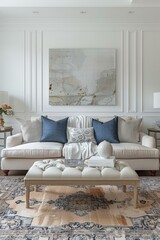 Elegant living room with white sofa, blue pillows, and patterned rug