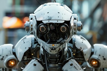Produce a detailed, photorealistic digital rendering of a futuristic frontal view rescue robot equipped with advanced sensors and tools, Incorporate a sense of urgency and action into the scene