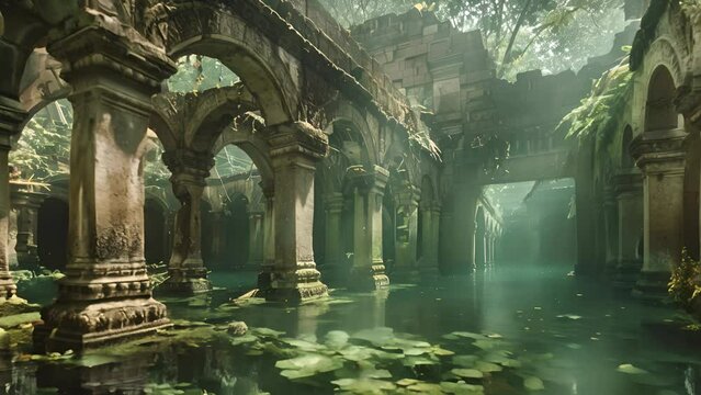 A dark, damp, and murky tunnel with a greenish tint