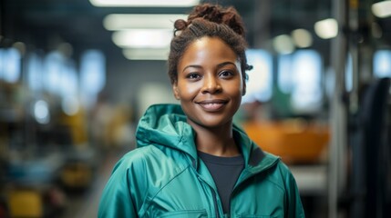 Fototapeta premium Portrait of a young African-American woman in a green jacket smiling