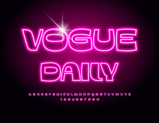 Vector glowing template Vogue Daily. Elegant Night Font. Trendy Alphabet Letters and Numbers set.