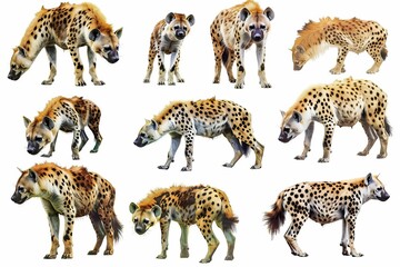 diverse group of hyenas in various poses isolated on white background digital painting