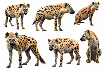 diverse group of hyenas in various poses isolated on white background digital painting