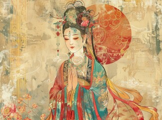 A Chinese woman in traditional dress is praying. - obrazy, fototapety, plakaty