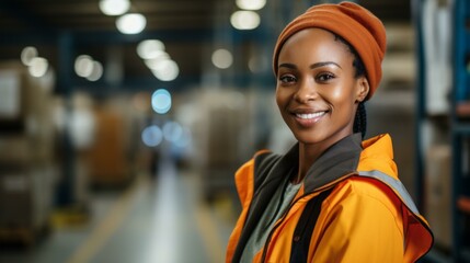 Portrait of a smiling African American woman wearing a beanie and a high visibility jacket in a warehouse