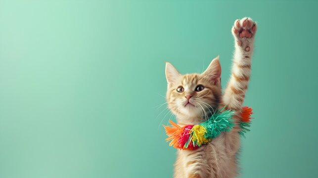 Surreal of Cheerful Tabby Cat in Vibrant Uniform on Mint Background