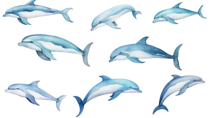  A pod of dolphins leaping through the air in isolated on transparent background