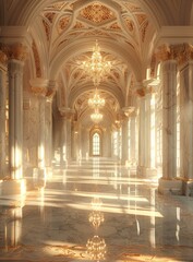 Fototapeta premium ornate hallway with marble columns and chandeliers
