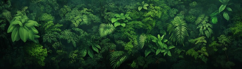 Rainforest canopy viewed from above, lush greens, birdseye view