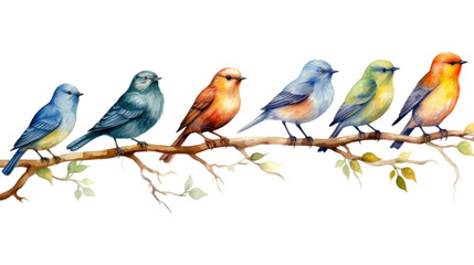 A flock of birds of different colors is sitting on a branch. The background is transparent in isolated on transparent background