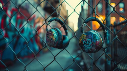Colorful retro-inspired headphones hanging on a chain-link fence in an urban setting