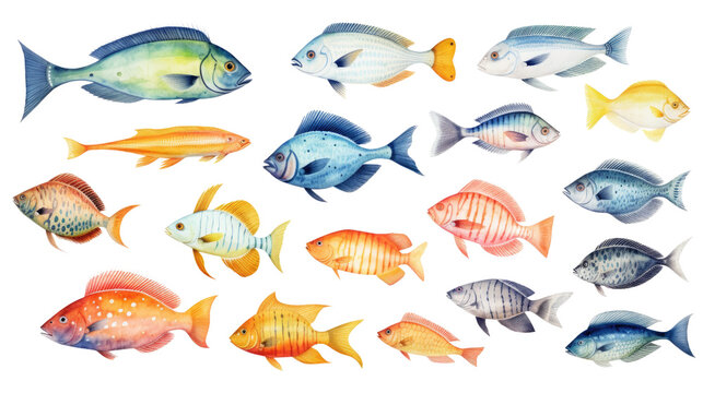 Various species of colorful fish in isolated on transparent background