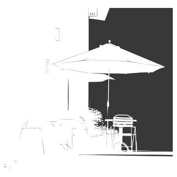 silhouette cafe front yard with umbrellas in the city black color only