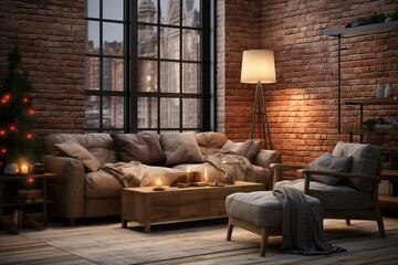 Cozy living room interior with brick wall, large windows and christmas tree