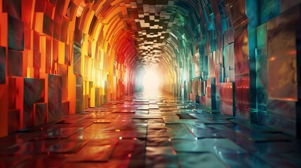 Futuristic tunnel of colorful glass blocks