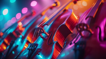 Fototapeta na wymiar Neon Glow: Intimate Cello Detail in Symphony Orchestra