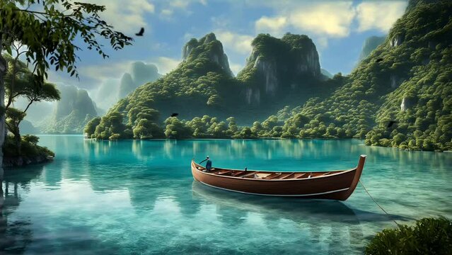 Wooden boat on the lake. Seamless looping time-lapse 4k video animation background