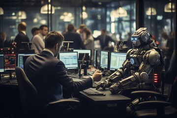 Robot broker negotiating deals in highstakes trading floor, dynamic, midshot