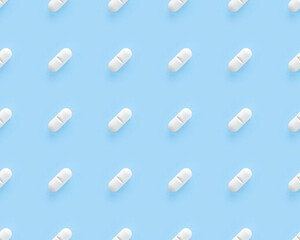 White medicine pills flat lay seamless pattern. Endless texture for web, decoration, covers, pharmaceutical print design