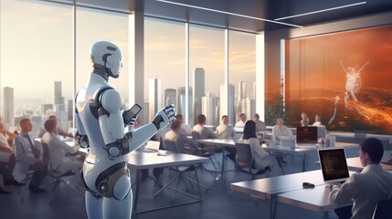 Robot presenting cybersecurity trends, conference setting, panoramic view
