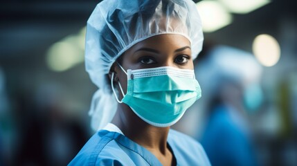 Portrait of a young female surgeon wearing a surgical cap and mask - Powered by Adobe