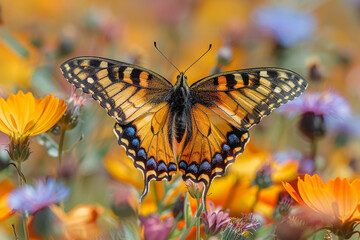 Obraz premium A graceful butterfly flitting among a field of wildflowers, its delicate wings a kaleidoscope of vibrant hues top view