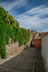 Vista panorámica del casco histórico de la ciudad española de Cáceres con vistas a los tejados de tejas marrones de edificios antiguos alrededor de la plaza principal en el soleado día de primavera
