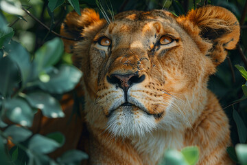A regal lioness resting in the shade of an acacia tree, her golden coat shimmering in the dappled sunlight top view