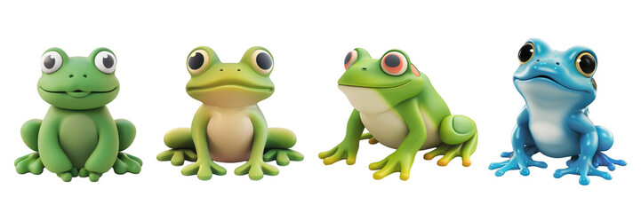 PNG frog 3d icons and objects collection, in cartoon style minimal on transparent, white background, isolate