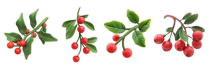 PNG mistletoe 3d icons and objects collection, in cartoon style minimal on transparent, white background, isolate