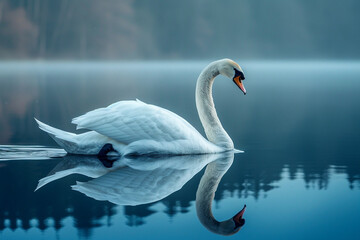 A regal white swan gliding gracefully across a tranquil lake, its reflection mirrored in the calm waters top view