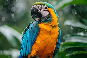 Fototapeta premium A colorful macaw perched on a branch in a tropical rainforest, its vibrant feathers a splash of color against the lush green foliage top view