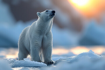 A majestic polar bear standing on an ice floe, its white fur blending with the snowy landscape top view