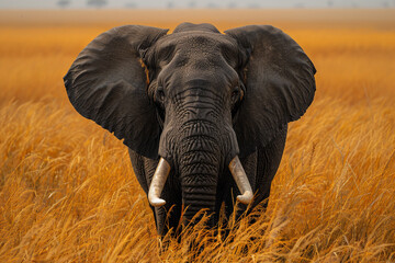 Naklejka premium A majestic African elephant wandering through the savanna, its wrinkled gray skin contrasting with the golden grasslands top view