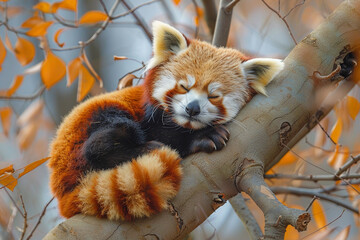 A charming red panda lounging in a tree, its fluffy tail curled around its body top view