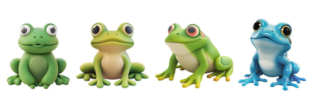 PNG frog 3d icons and objects collection, in cartoon style minimal on transparent, white background, isolate