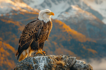 A majestic bald eagle perched on a rocky cliff, its keen eyes scanning the landscape below top view