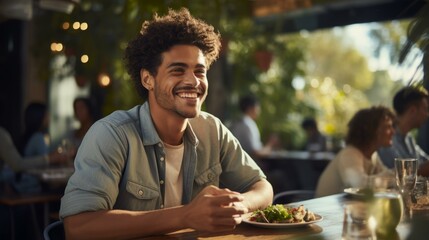 A young man is eating a salad at a restaurant