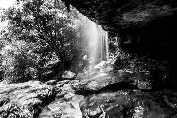 Behind Tiger falls, a waterfall in the Drakensberg Mountains, in black and white