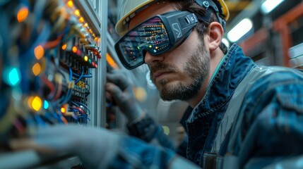 An engineer inspecting electrical systems through augmented reality glasses, identifying and troubleshooting issues with precision.