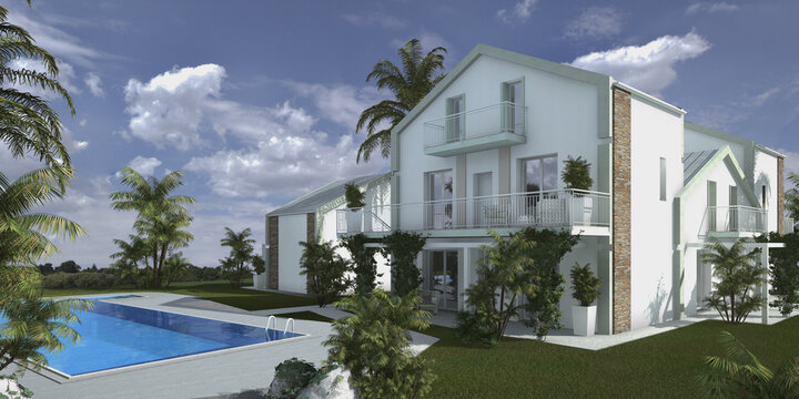 Modellazione e render 3D di edificio residenziale con piscina