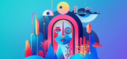 Striking image combining elements of portraiture with vibrant abstract shapes and patterns creating an eye-catching modern aesthetic