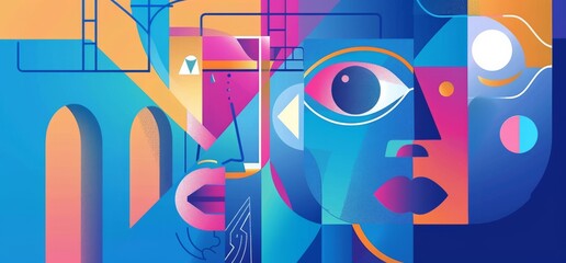 This digital art piece portrays abstract faces with varied expressions in a cubist style, using a harmonious blend of colors and geometric shapes
